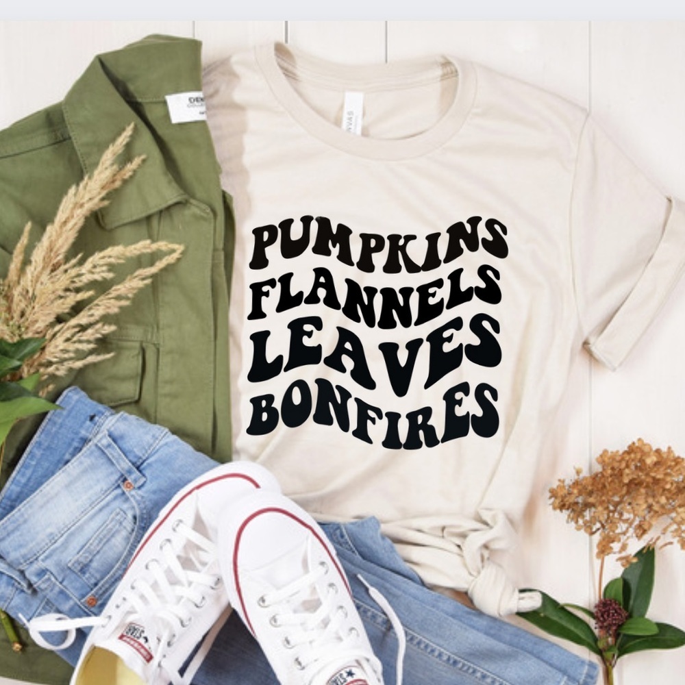 Pumpkins Flannels Leaves Bonfires Fall Short Sleeve Tee Shirt S-5X